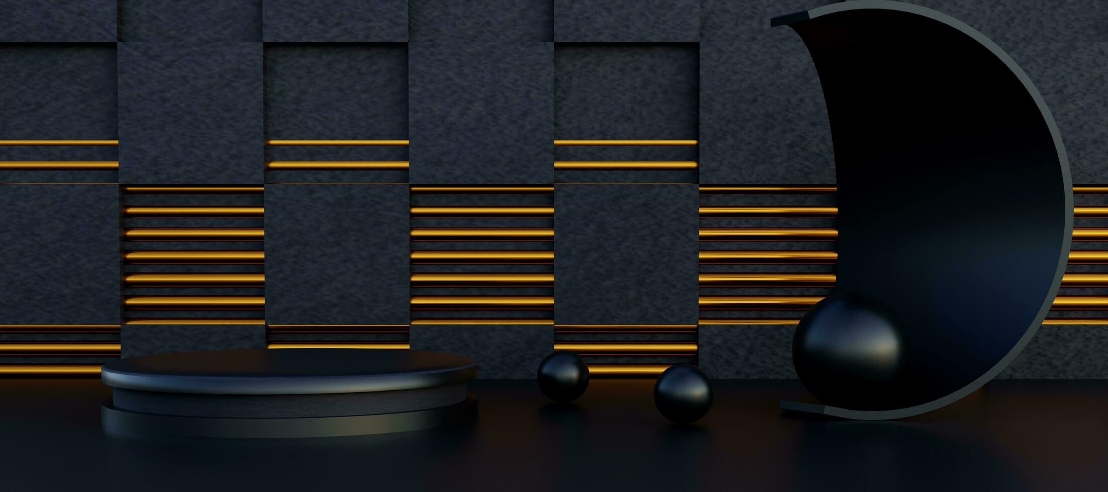 Black cylinder podium with golden abstract wall. Stand to show products. Stage showcase with copy space. Pedestal display. Banner size. Website cover template. 3D rendering. photo