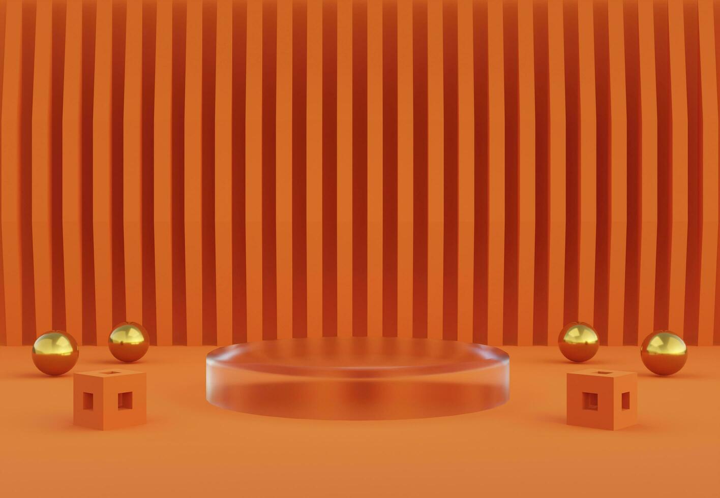 Glass podium with abstract art objects in bright orange. Stand to show products. Stage showcase with modern scene. Pedestal display. 3D rendering. Studio platform template. photo