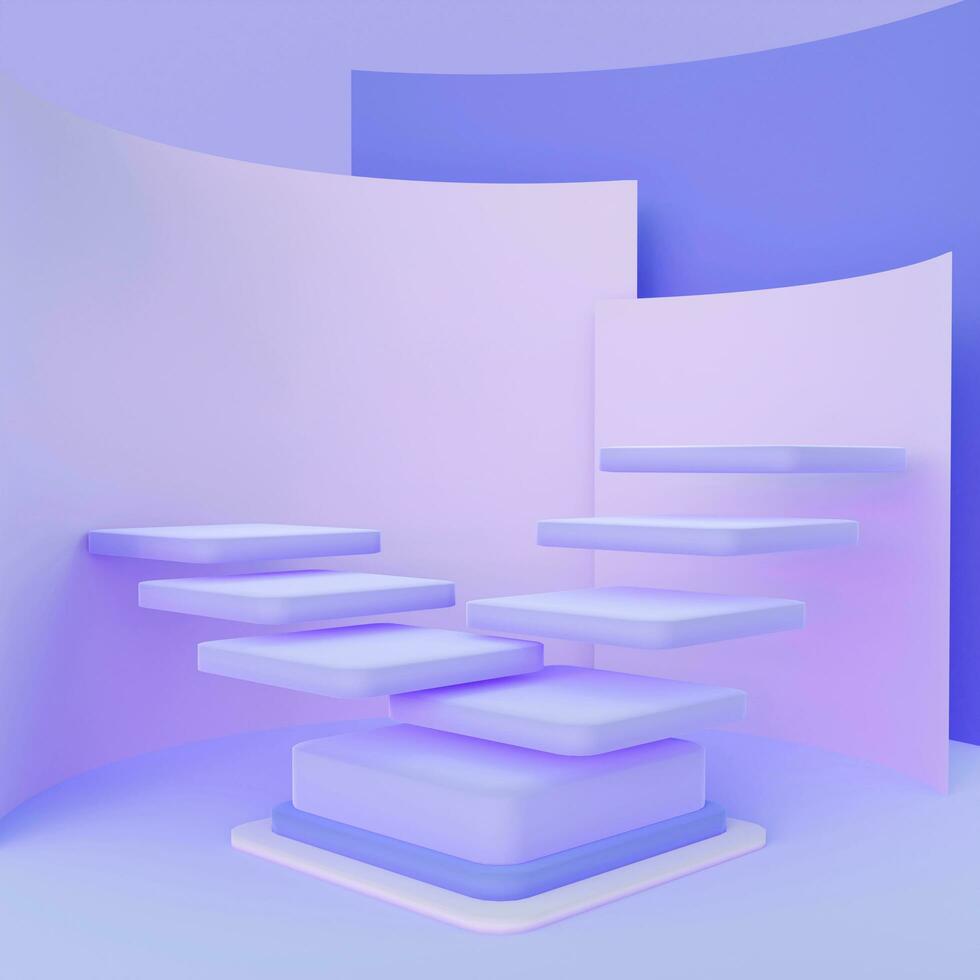Purple podium align with geometric wall objects. Stand to show products. Stage showcase with empty space for presentation. Pedestal display. Studio platform template. 3D rendering. photo