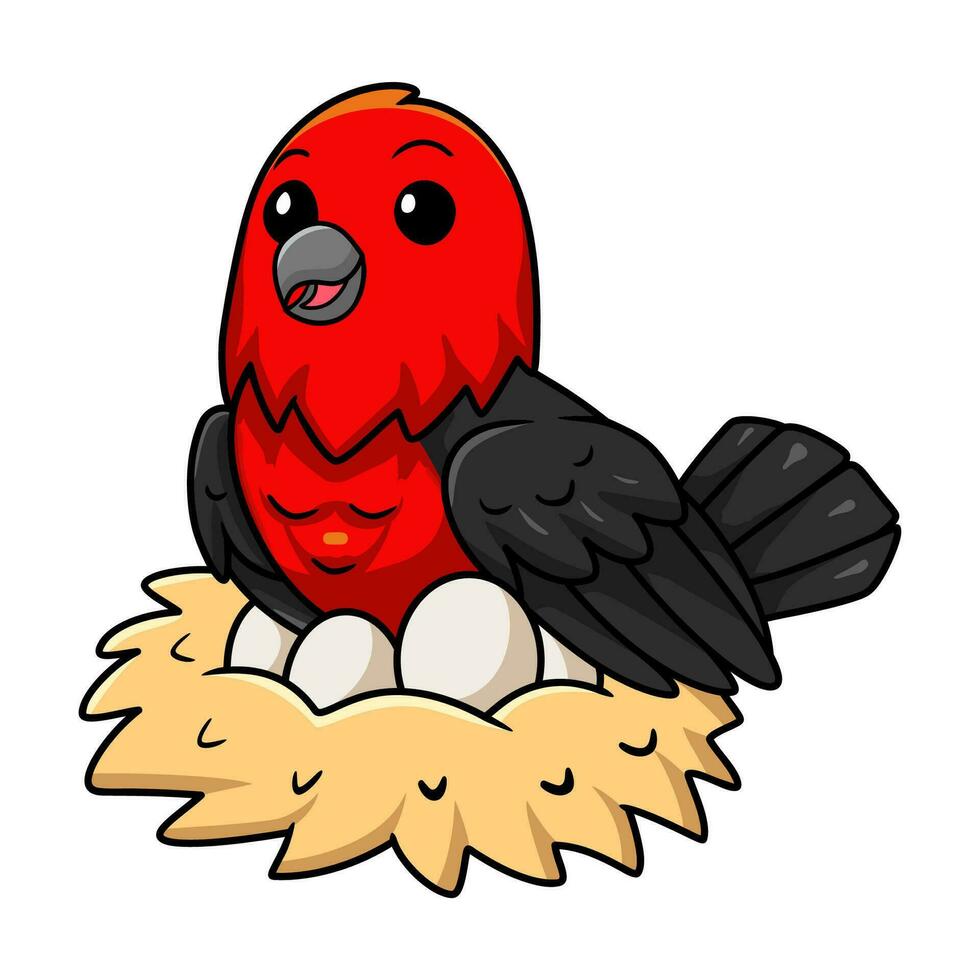 Cute scarlet tanager bird cartoon with eggs in the nest vector