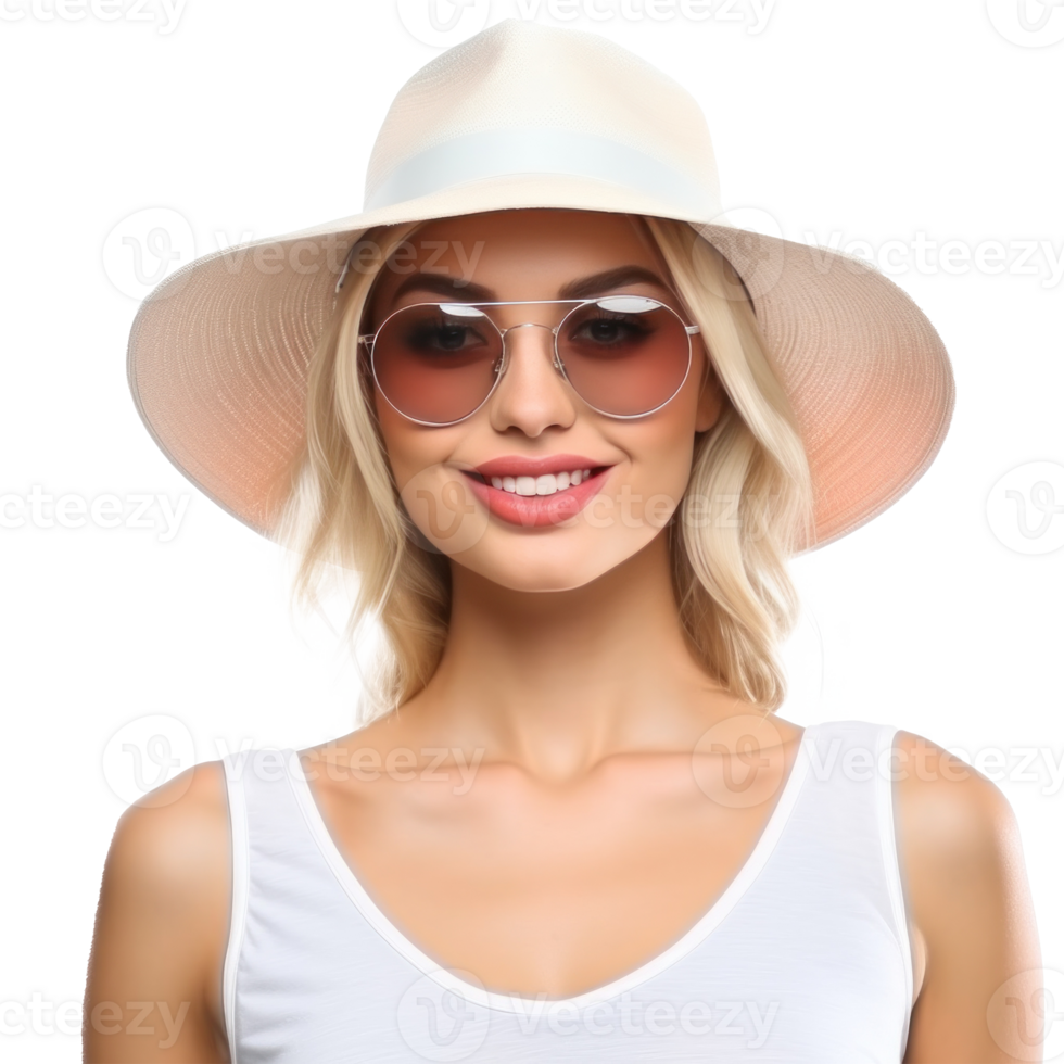 Beautiful girl with sunglasses and summer hat smiling isolated. Illustration png