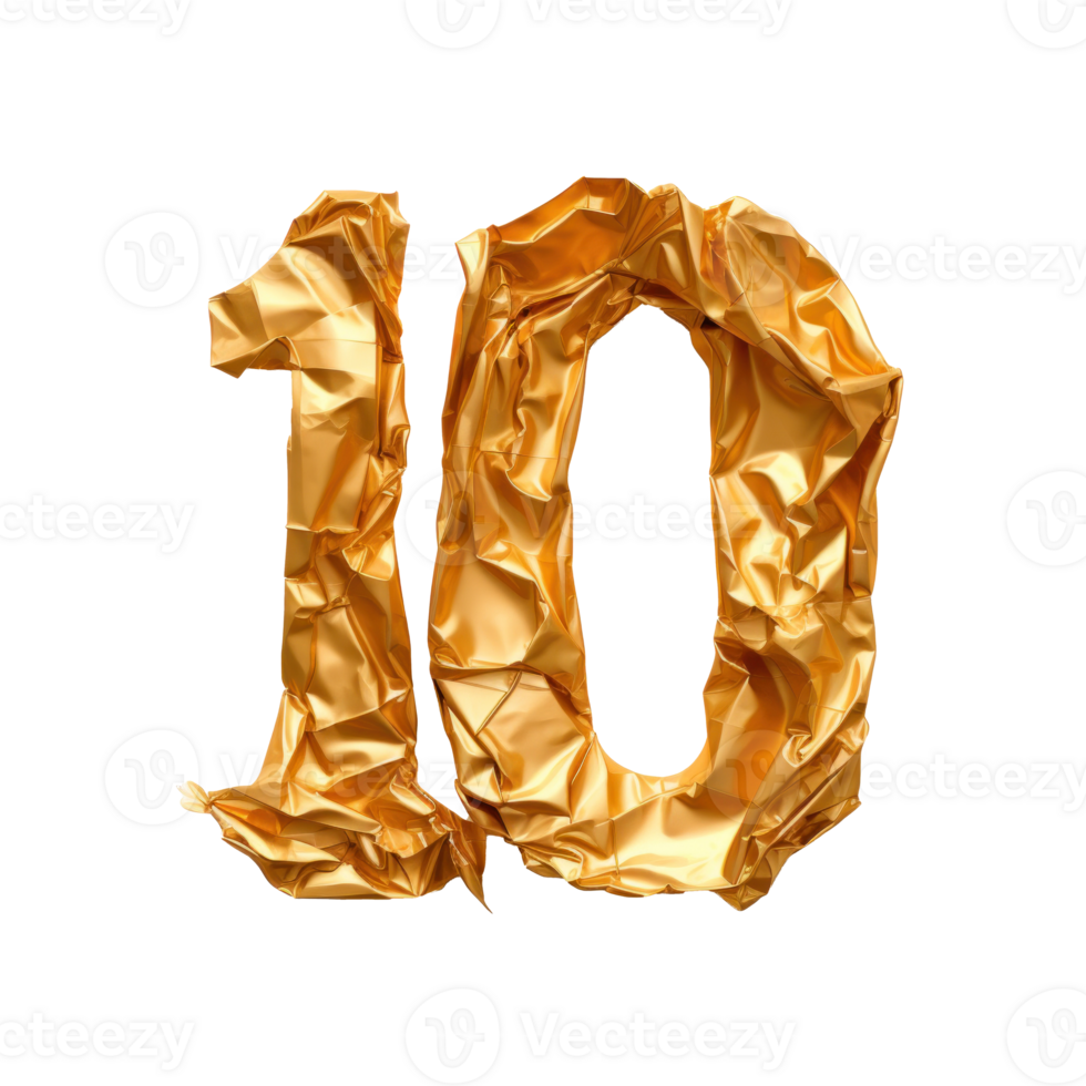 Crumpled gold foil number 10 isolated. Illustration AI Generative png