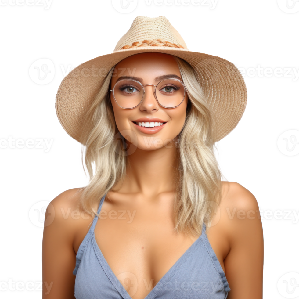 lindo menina com oculos de sol e verão chapéu sorridente isolado. ilustração ai generativo png