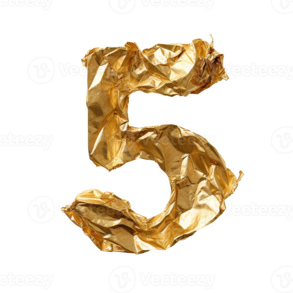 Crumpled gold foil number 5 isolated. Illustration AI Generative png