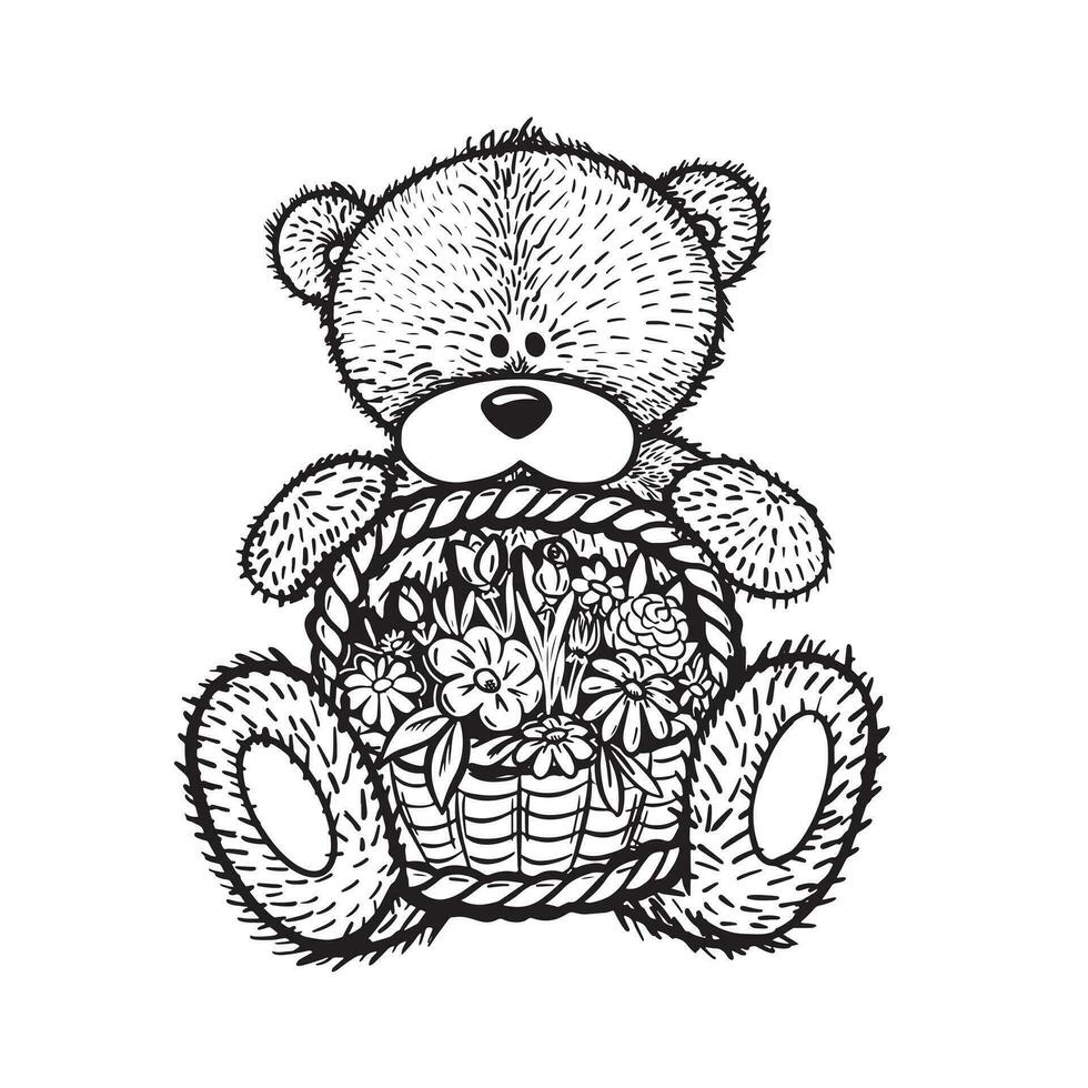 Teddy bear with a basket of flowers.Children's toy hand drawn sketch.Vector illustration. vector