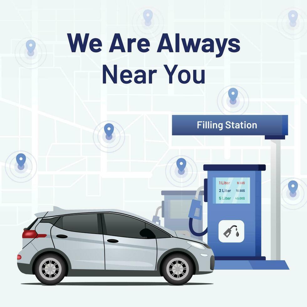 Illustration of filling station with car in various locations. This 3d flat design is perfect for social media posts, marketing and web design concepts. Fuel station area, car service location. vector