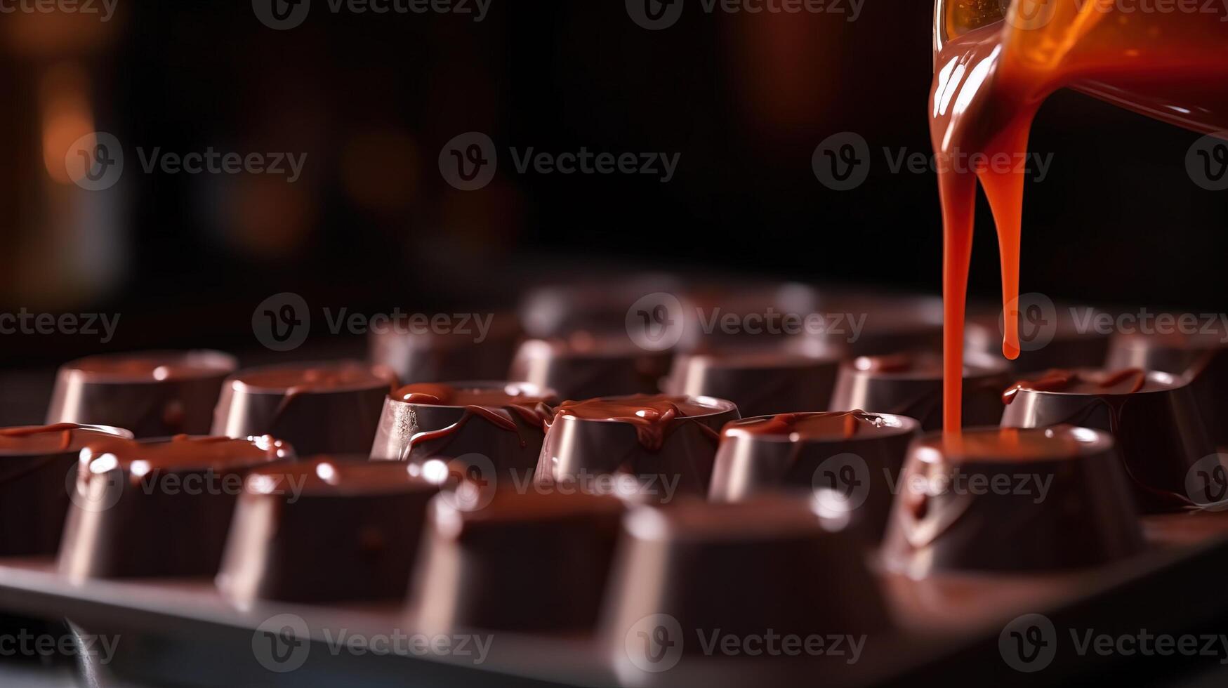Chocolate Day, a jet of liquid chocolate is poured over various candies. . photo