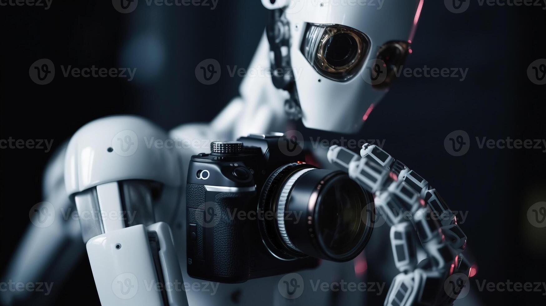 Robot, artificial intelligence, takes pictures with a camera, the concept of Photographer Day. . photo