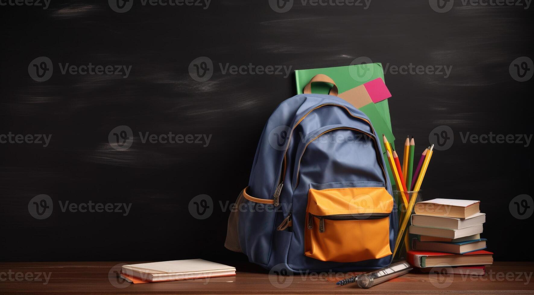 Back to school, student colored backpack with textbooks, kickball and ballpoint pens. . photo