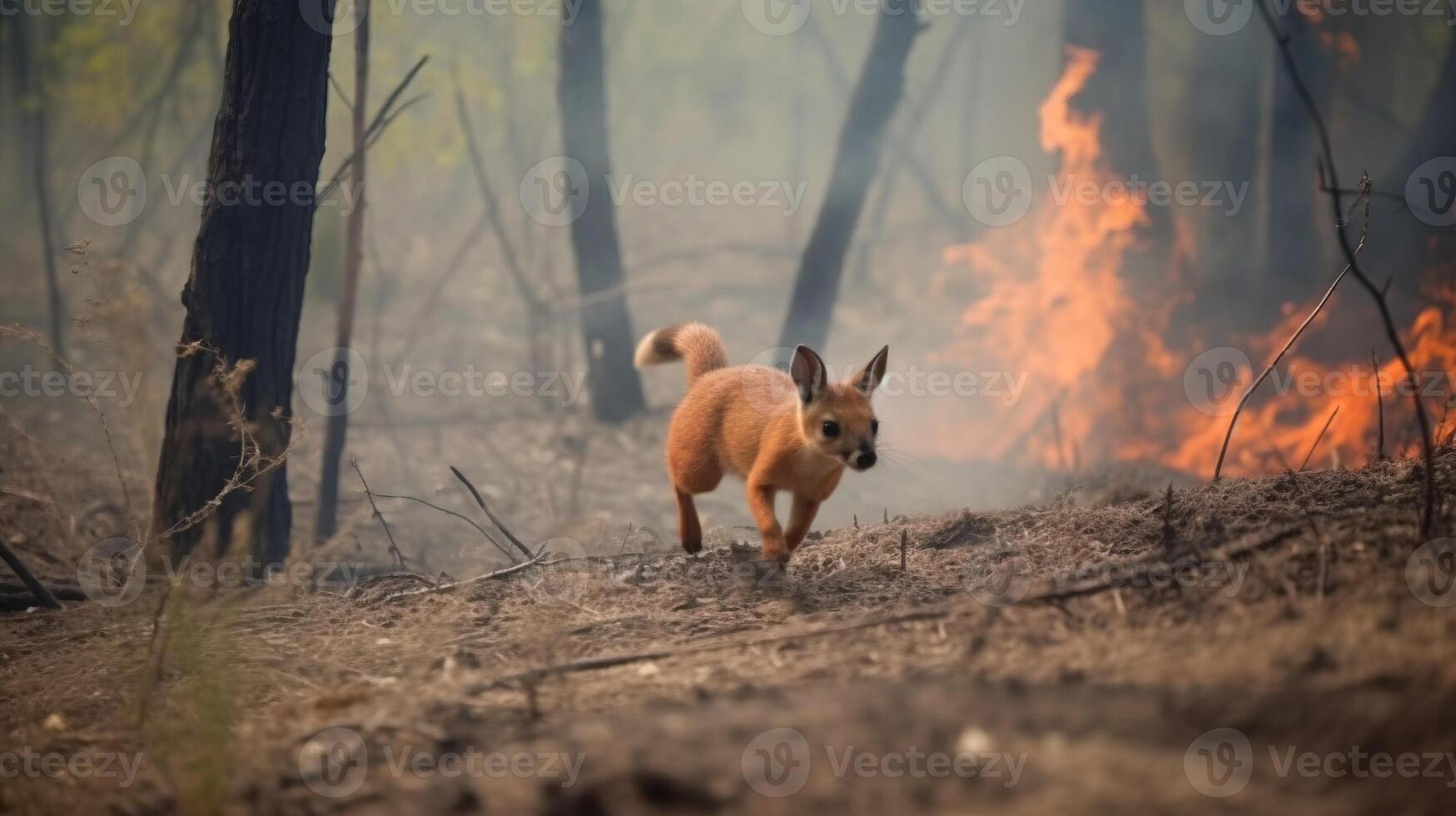 Frightened wild animal, forest fire background. Ecological catastrophy. . photo