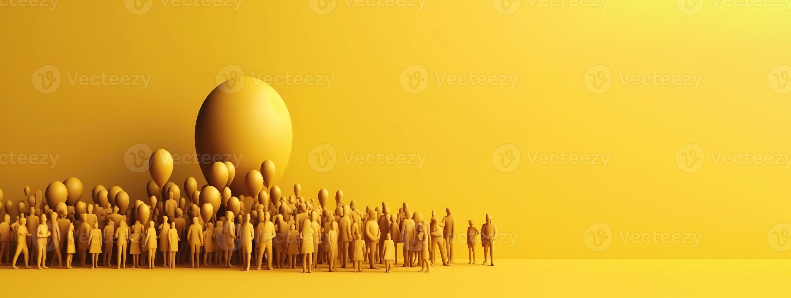World Population Day. Group of different people, yellow background. . photo