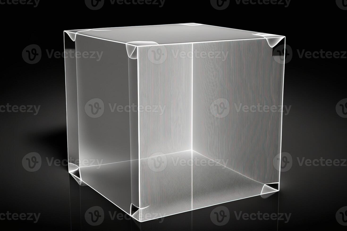 Empty podium pedestal transparent cube for product presentation, dark background. . photo