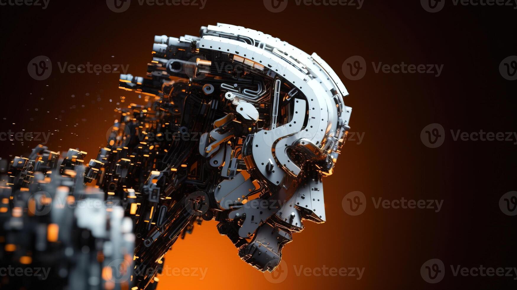 Artificial intelligence. Scattering head profile of a chromed robot, orange background. . photo