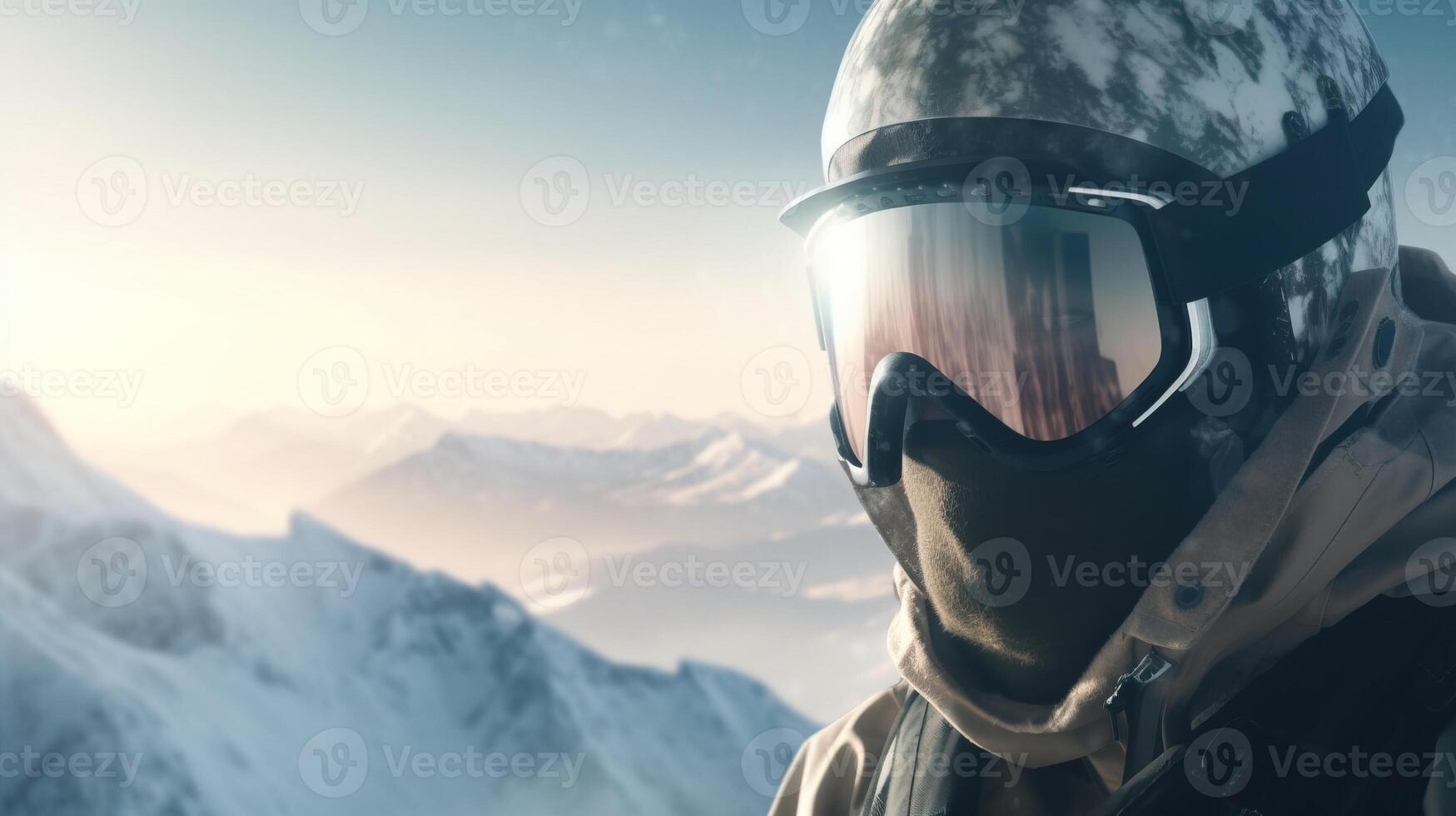 Skier in glasses close-up, background of snow-covered ski peaks of the mountains. . photo