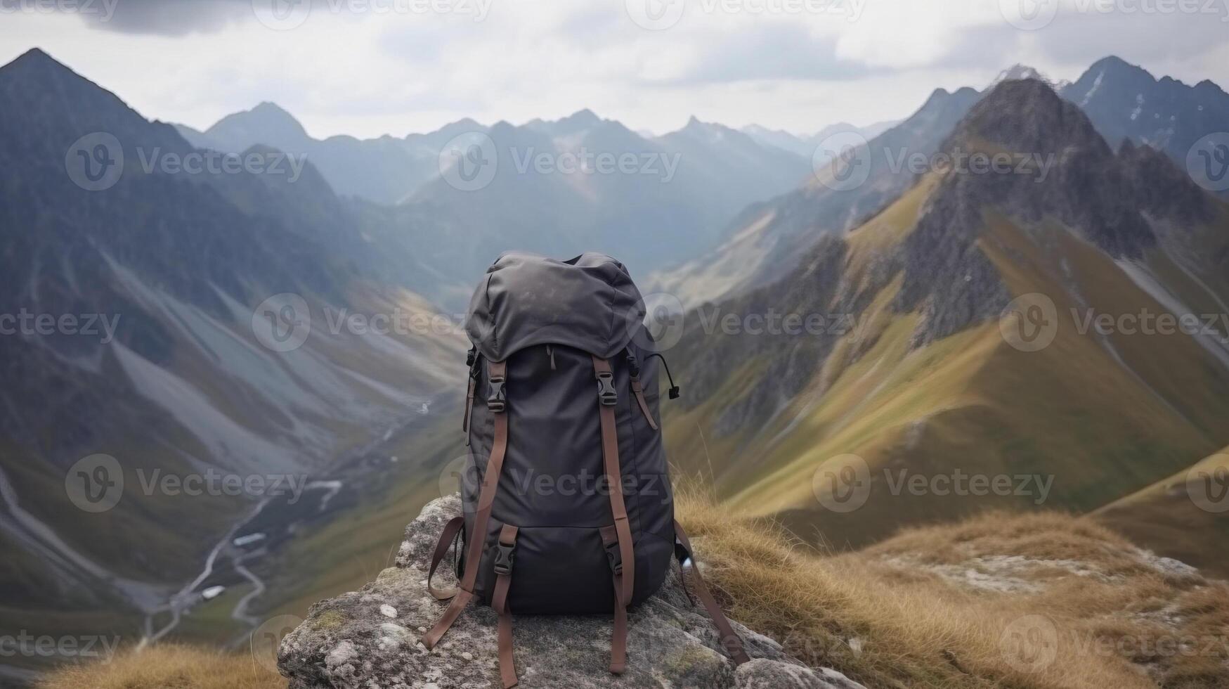 Tourist backpack isolate, mountain peaks background, outdoor activities. . photo