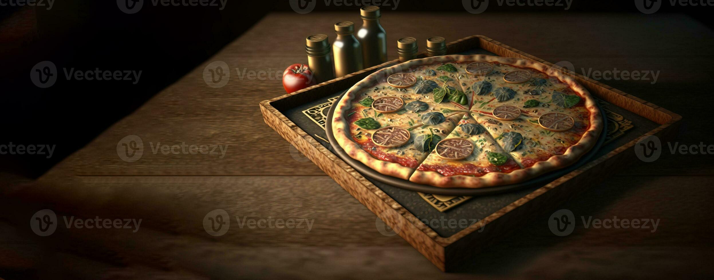 Seafood pizza cut into pieces, dark background. Traditional Italian cuisine. AI generated. photo