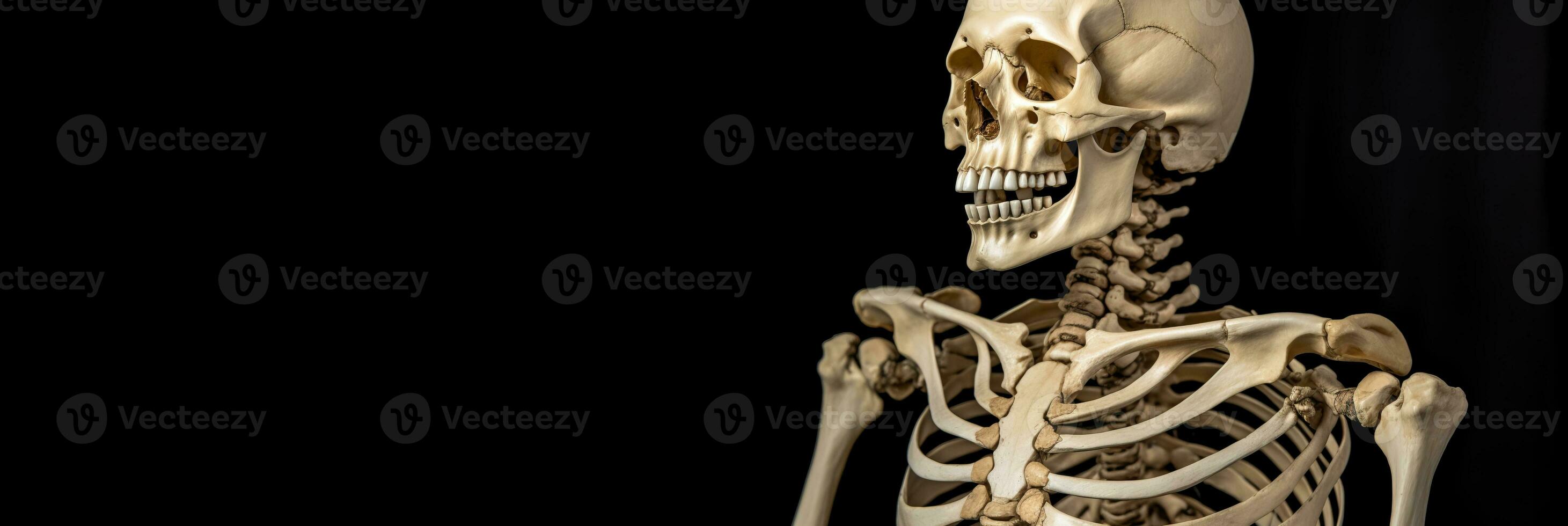 Human skeleton, black background isolate. Scientific body anatomy, medical exhibit. AI generated. photo