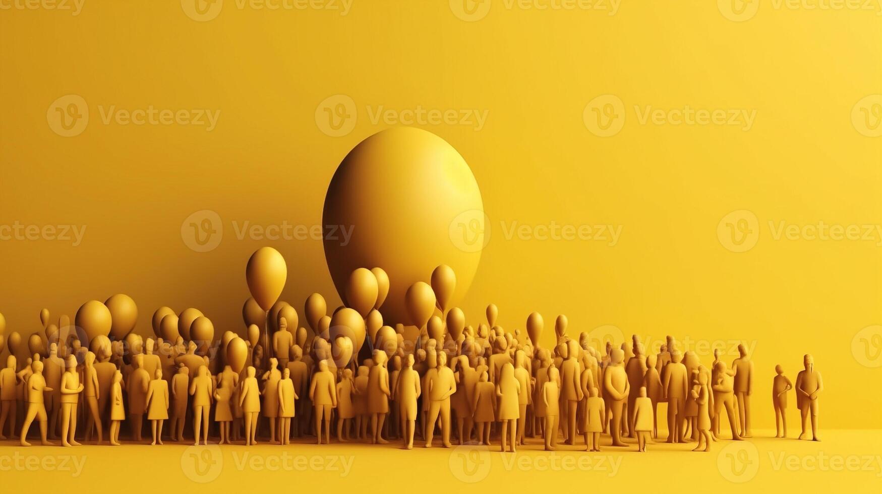 mundo población día. grupo de diferente gente, amarillo antecedentes. ai generado. foto