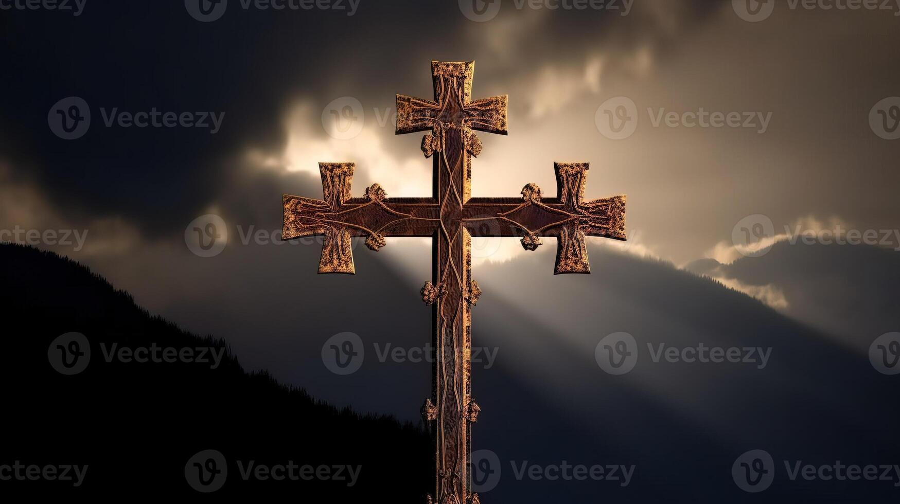 Christian religious cross on mountain, symbol of faith, night clouds background, lightning. . photo