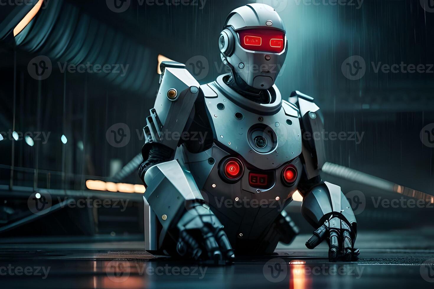 Damaged Broken Red Robot with Glowing Eyes Science Fiction Future, Futuristic Technology, Metal, photo