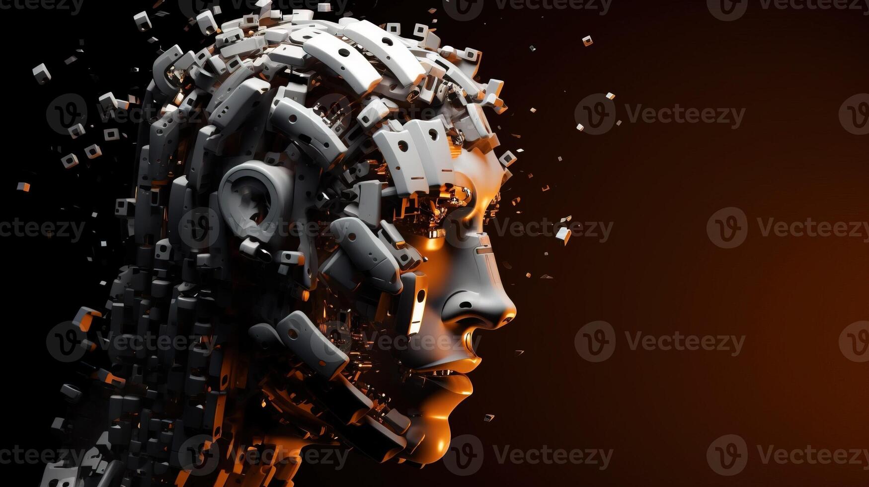 Artificial intelligence. Scattering head profile of a chromed robot, orange background. . photo