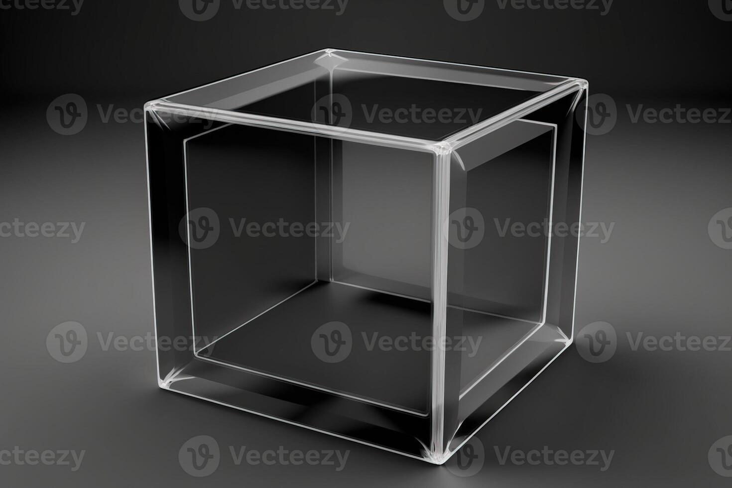 Empty podium pedestal transparent cube for product presentation, dark background. . photo