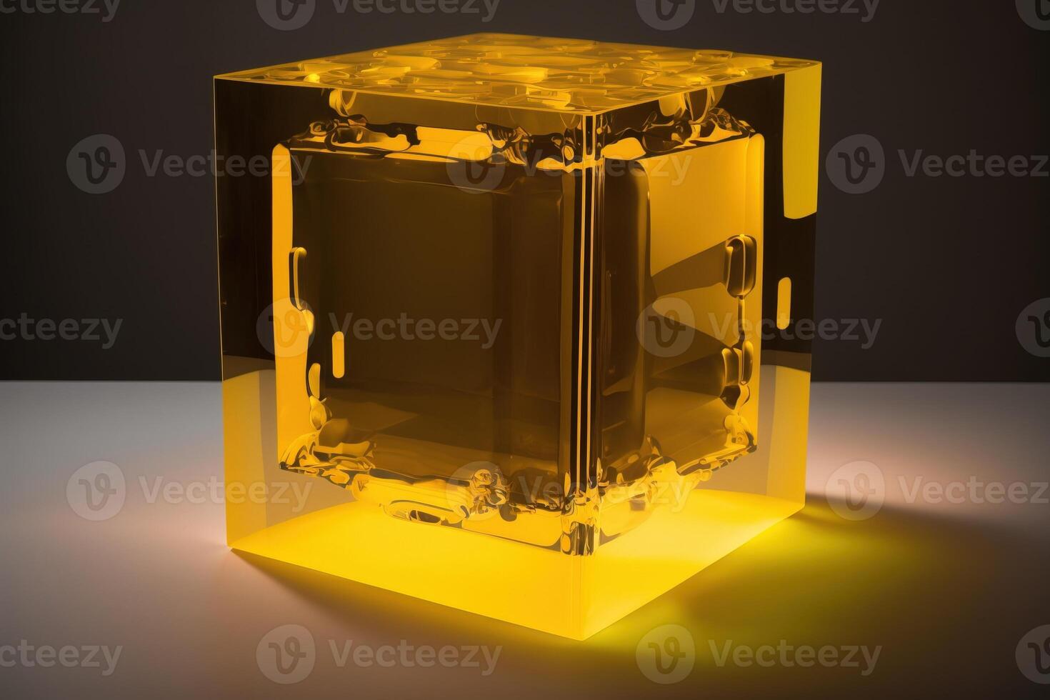 Empty podium pedestal black and yellow transparent cube for product presentation. . photo