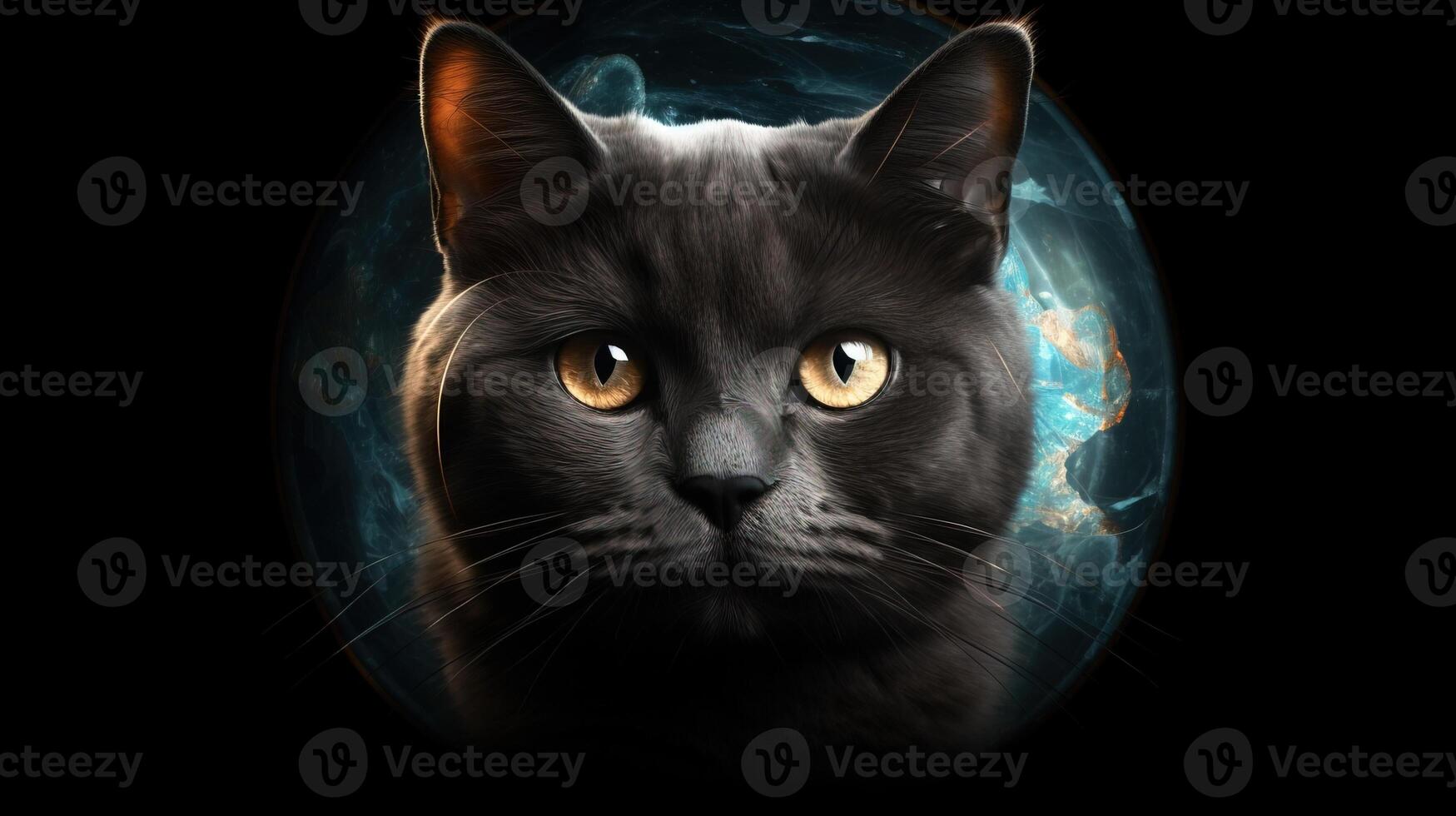 International cat day, fluffy cat close-up with effects. Pet, dark background, close-up. . photo