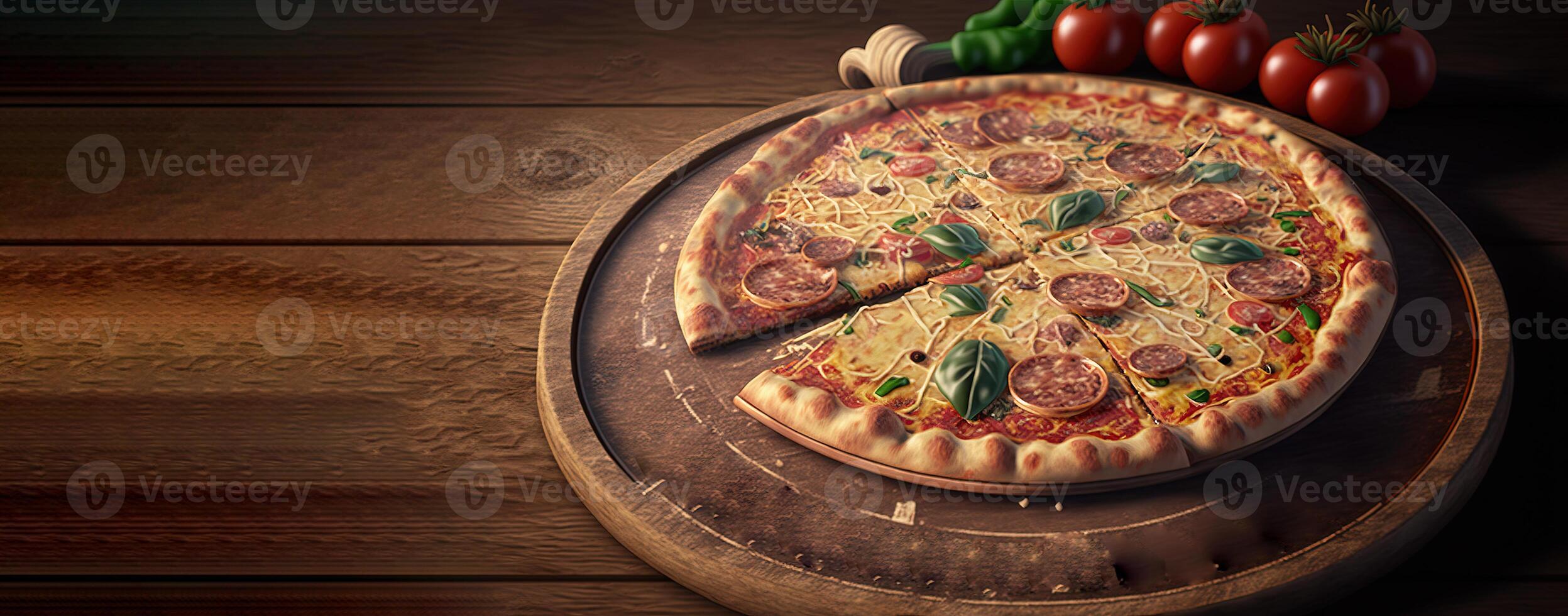 Pizza Capricciosa, sliced, dark background. Traditional Italian cuisine. AI generated. photo