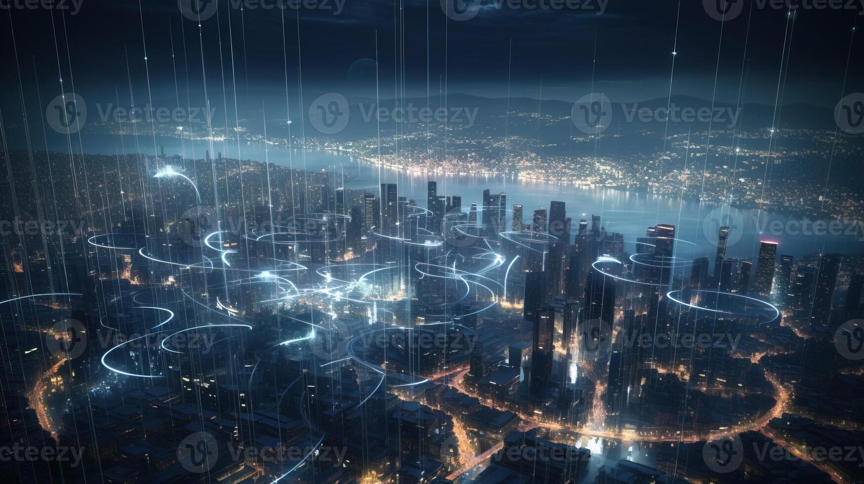 Digital society of future. Modern technological city. . photo