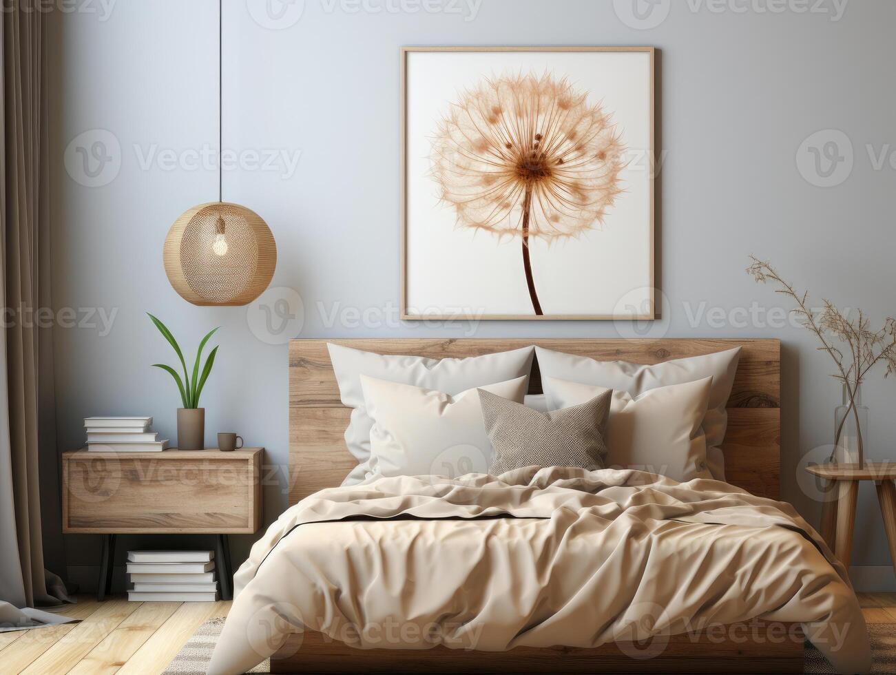 Mock-up poster frame in Scandinavian bedroom , Mockups Design 3D, High-quality Mockups, photo