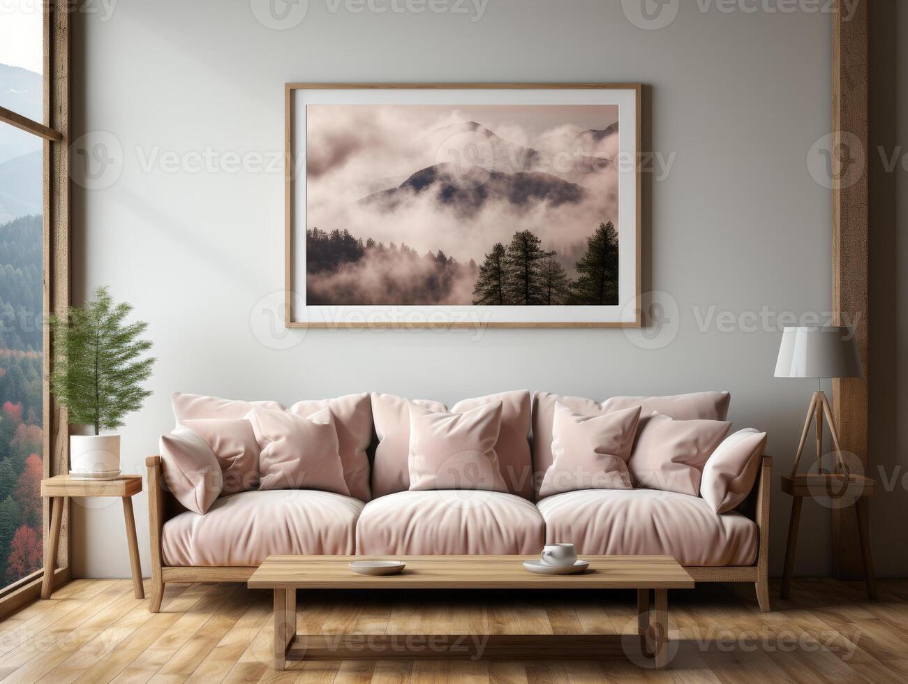 Mockup poster in living room Scandinavian style 3d , Mockups Design 3D, High-quality Mockups, Generative Ai photo