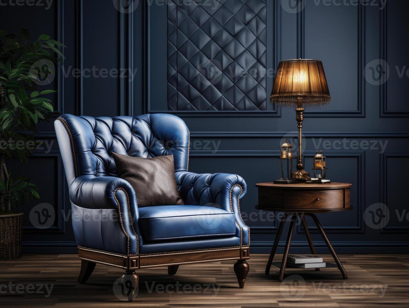 Luxury Classic Interior With Dark Blue Armchair , Mockups Design 3D, High-quality Mockups, photo