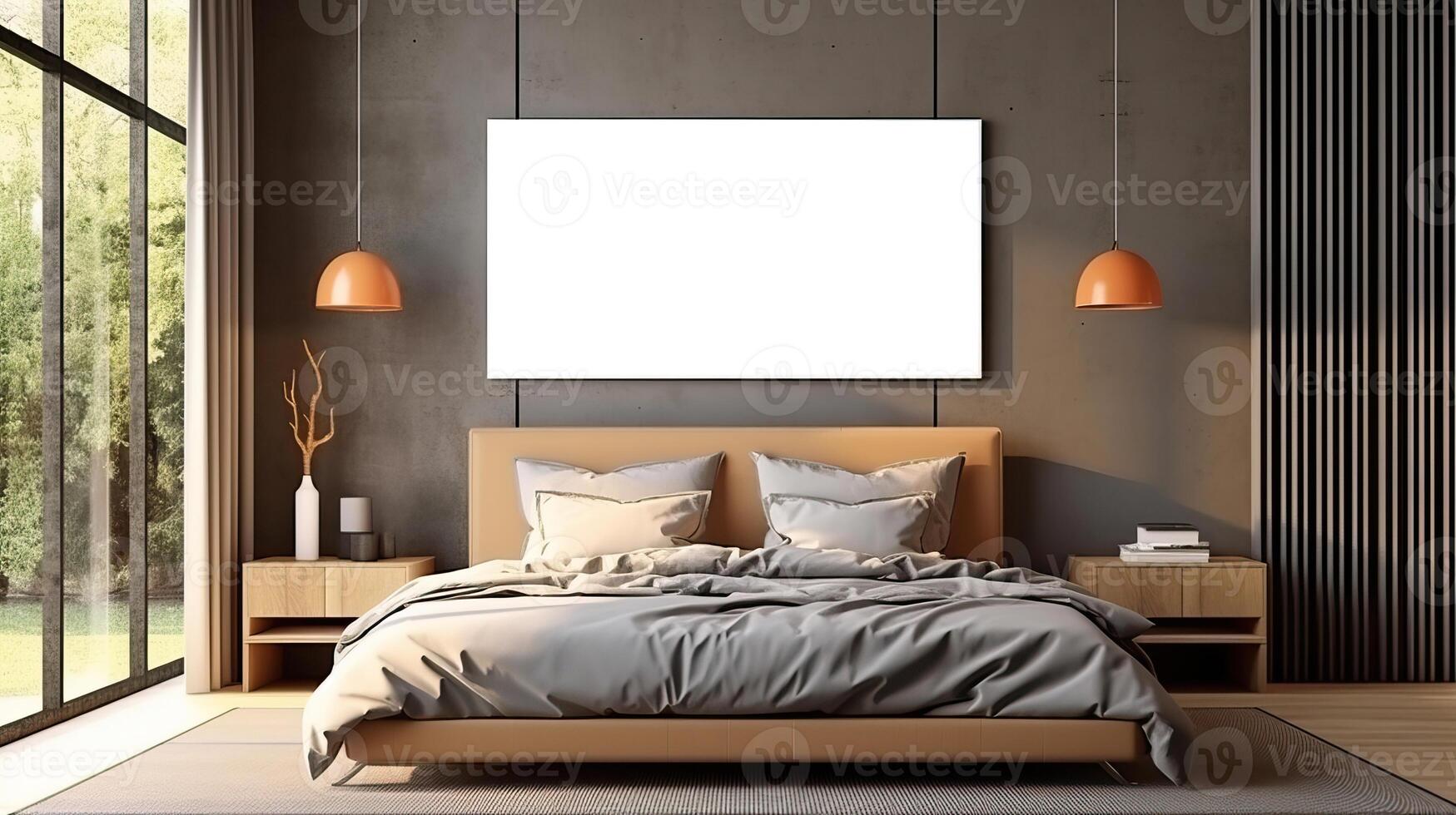 Bedroom interior with poster mockup modern style 3d, Generative Ai photo