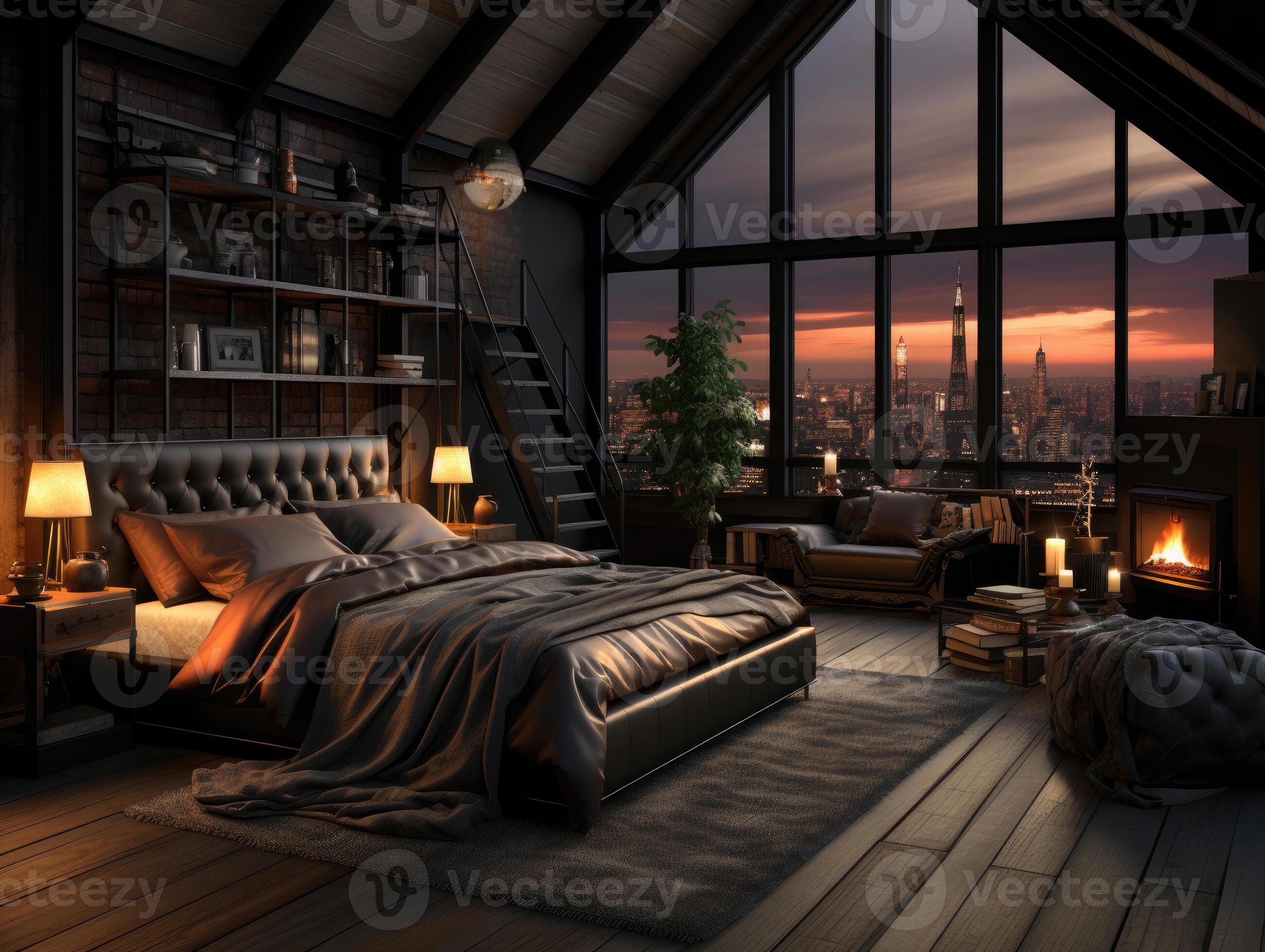 Black Bedroom In Loft Industrial Style 3d, Mockups Design 3D, High ...