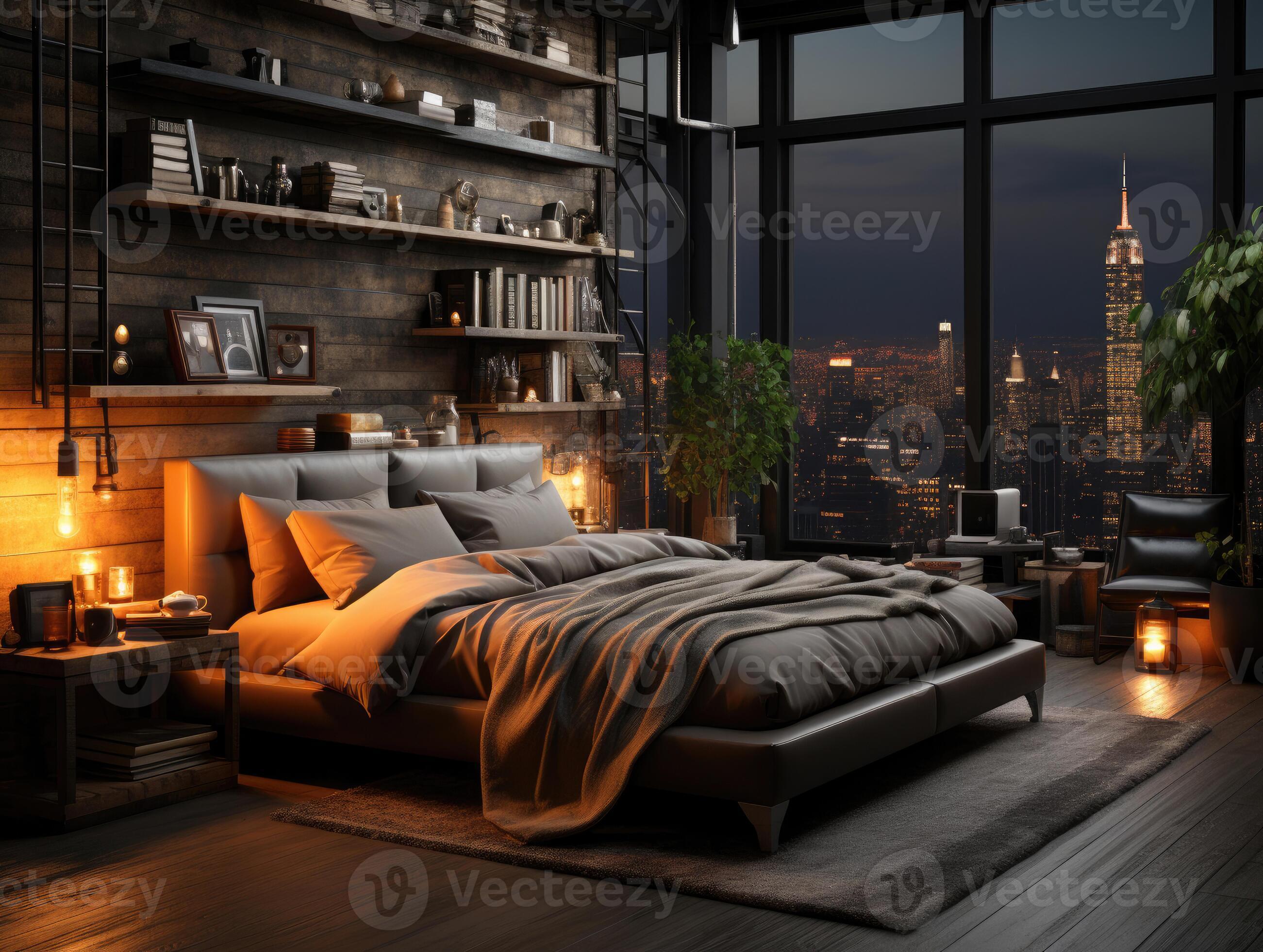 Black Bedroom In Loft Industrial Style 3d , Mockups Design 3D, High ...