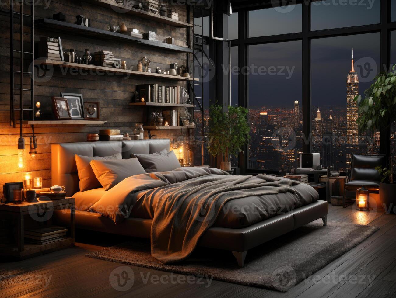 Black Bedroom In Loft Industrial Style 3d , Mockups Design 3D, High-quality Mockups, Generative Ai photo