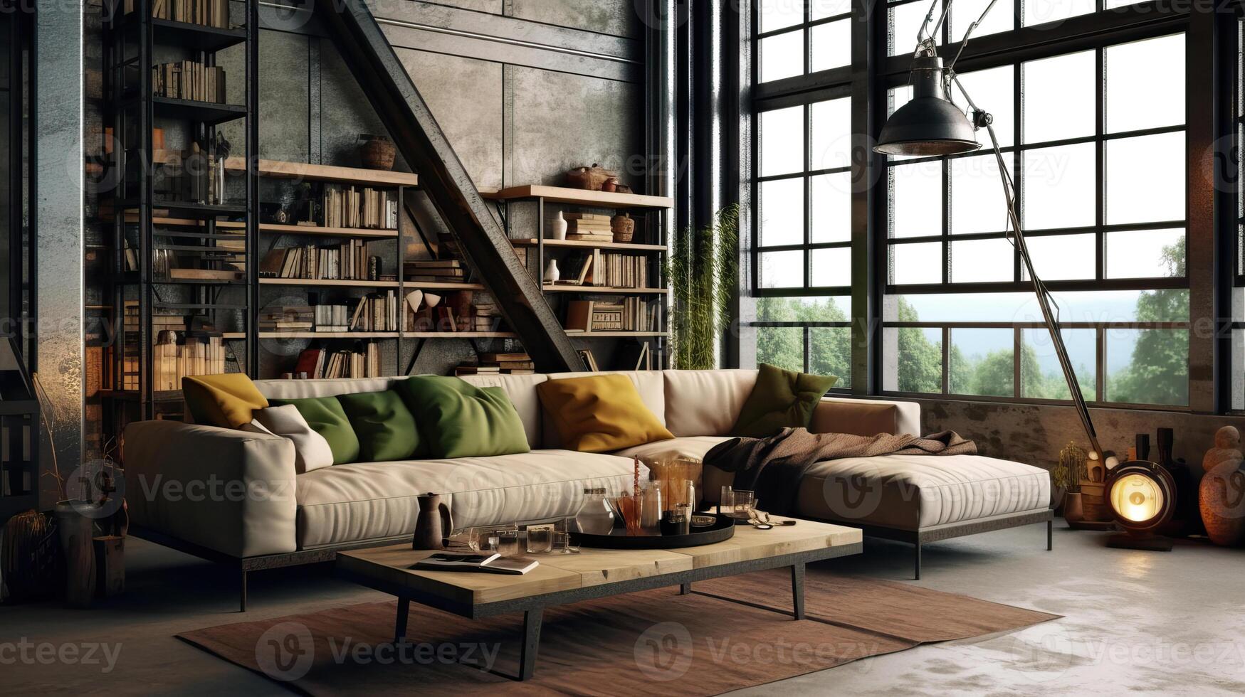 Living room loft in industrial style 3d render, photo