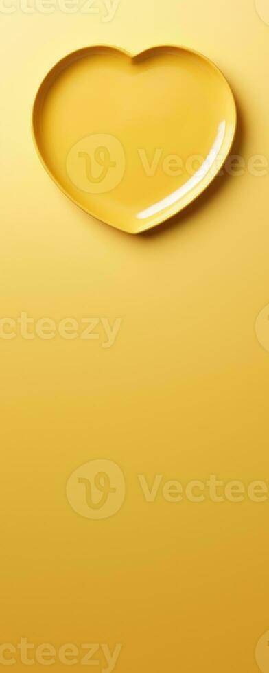 Vivid heart plate isolated on yellow background with a copy space, top view photo