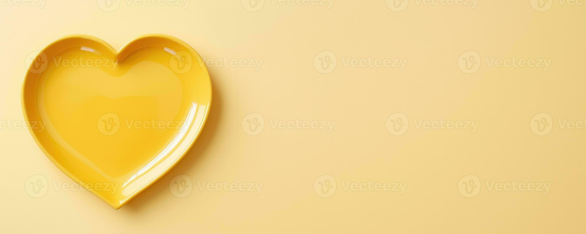 Vivid heart plate isolated on yellow background with a copy space, top view photo