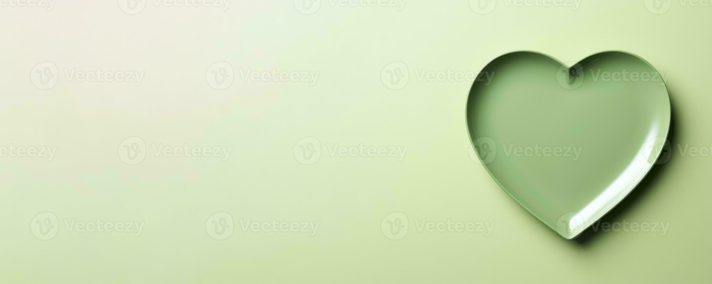 Vivid heart green plate isolated on green background with a copy space, top view photo