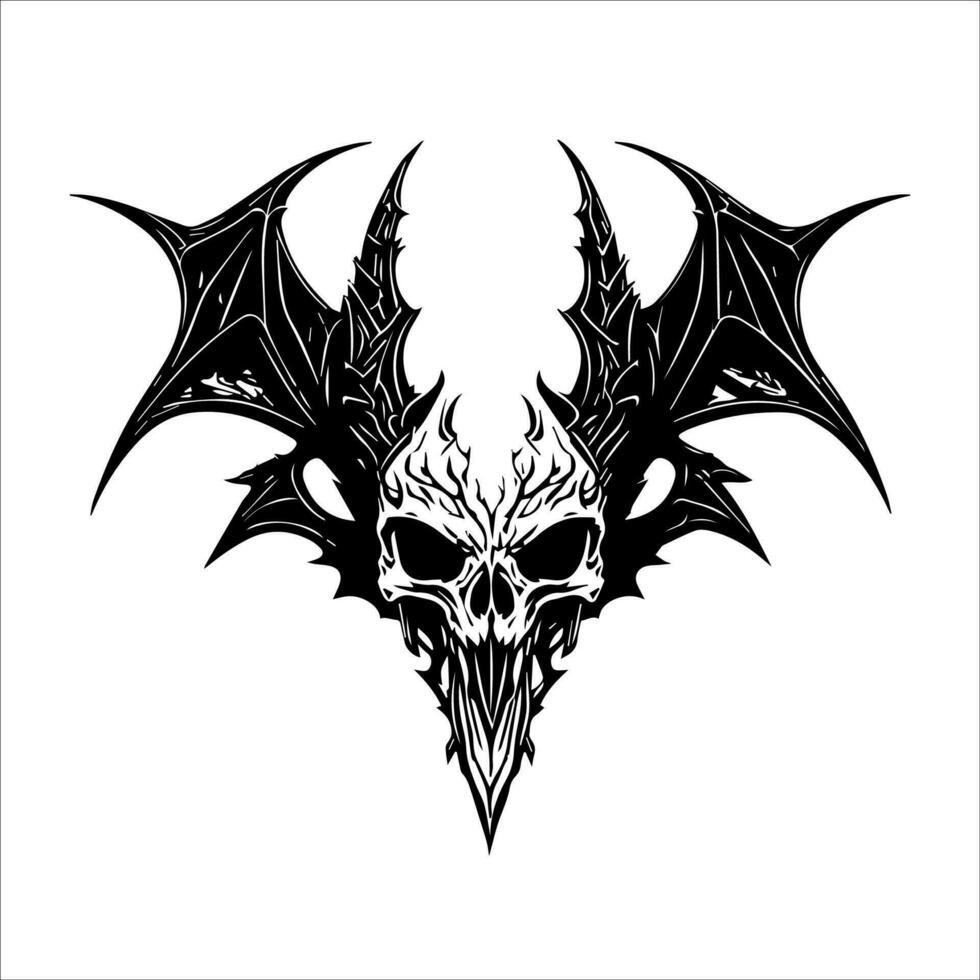 Skeletal emblem of a horned devil head with bat wings vector