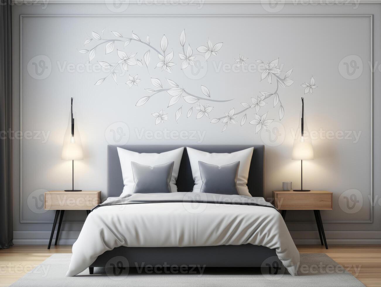 Mockup Poster Frame In White Cozy Bedroom Interior, Mockups Design 3D, High-quality Mockups, photo