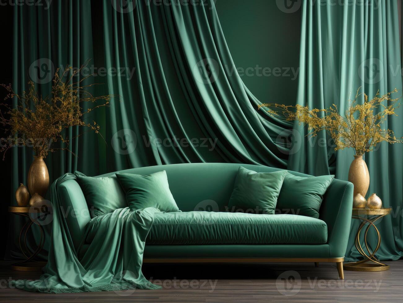 Home Interior Mockup With Green Sofa Rope Curtains , Mockups Design 3D, High-quality Mockups, Generative Ai photo