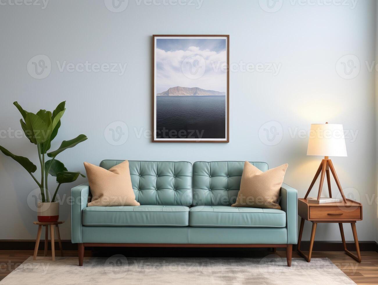 Mockup Poster Frame In White Living Room Interior, Mockups Design 3D, High-quality Mockups, Generative Ai photo