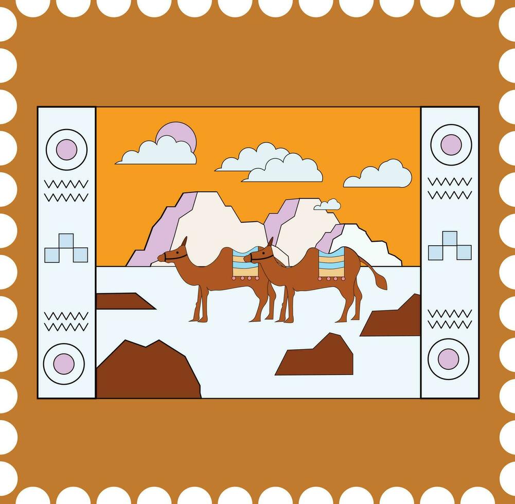 two camel in postcard style design vector