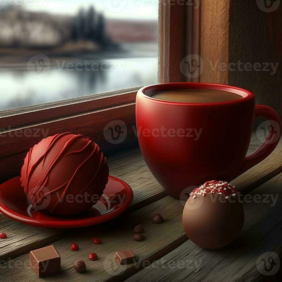 Brown hot chocolate bomb in red ceramic mug on red ceramic saucer side view on window, hot cocoa in red mug photo