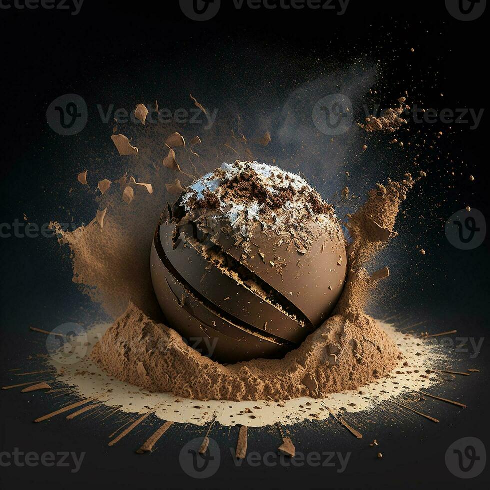 Brown chocolate bomb fall on brown cocoa powder side view, black background photo