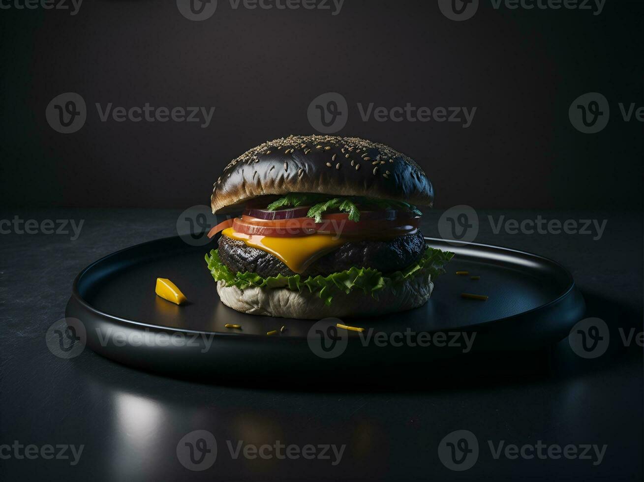 Tasty burger with dark buns, on black plate. photo