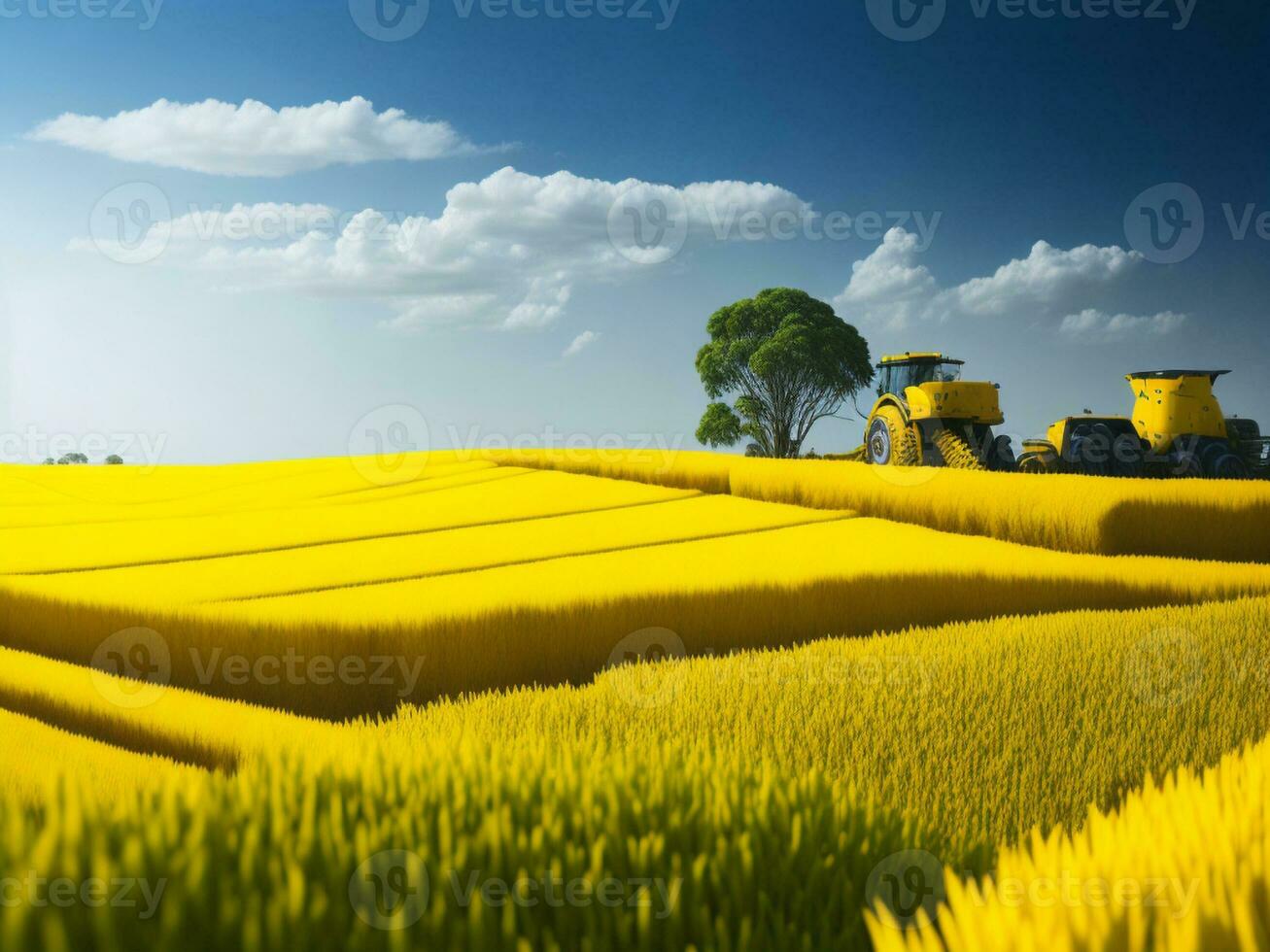 Big yellow combine harvests wheat on the field photo
